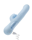 A blue Devin Clit Thumping G-Spot Rabbit with Shaft Rotation personal massager with a rechargeable cable and a clitoral massaging ball.