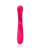 A vibrant pink, silicone Jimmyjane Reflexx Rabbit 3 First Time Slim Flexible Warming Vibrator with a dual-ended design and a control button, isolated on a white background.