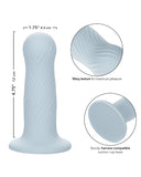 The CalExotics Wave Rider Foam Short, Girthy 4.75 Inch Liquid Silicone Dildo with wavy texture, measuring 4.75 inches in height and 1.75 inches in diameter. The image also features close-up views of the texture and the design.