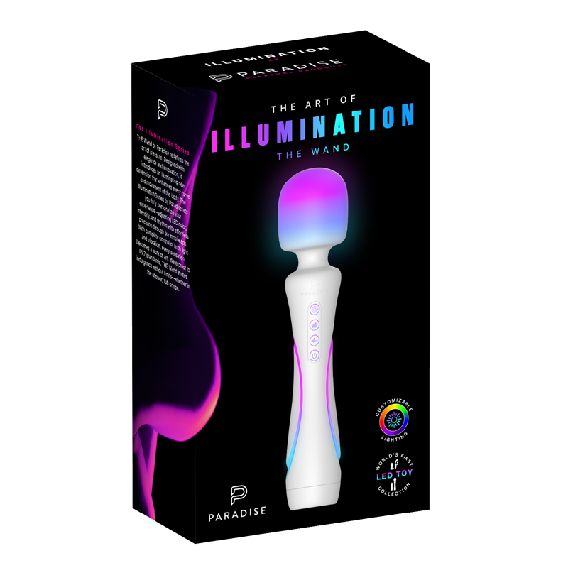 Black box with "THE ART OF ILLUMINATION THE WAND" and a white LED light-up vibrator.