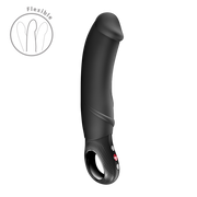 Black, flexible silicone G-spot vibrator with a thick, curved shaft and control buttons on the base.