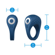 Blue silicone Flex Pro vibrating couples' ring with textured C-stim pad and power button, shown with dimensions.