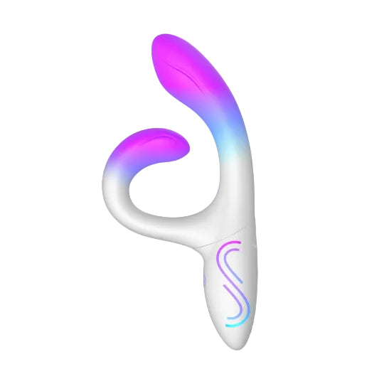 White rabbit vibrator with a curved shaft and flexible stimulator, glowing purple and blue.