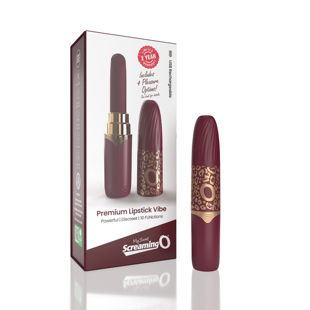 The maroon and gold My Secret Screaming O Premium Lipstick Vibrator stands by its box, labeled "Premium Lipstick Vibe," "Powerful | Discreet | 10 Functions," with branding and a two-year warranty badge.