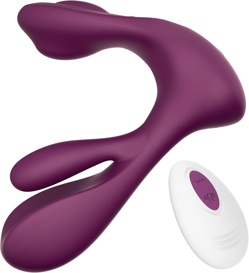 Tracy's Dog Swirlii, a purple M-shaped silicone vibrator with a white remote control.