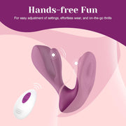 Tracy's Dog Swirlii, a purple M-shaped silicone vibrator with a white remote, shown for hands-free fun.