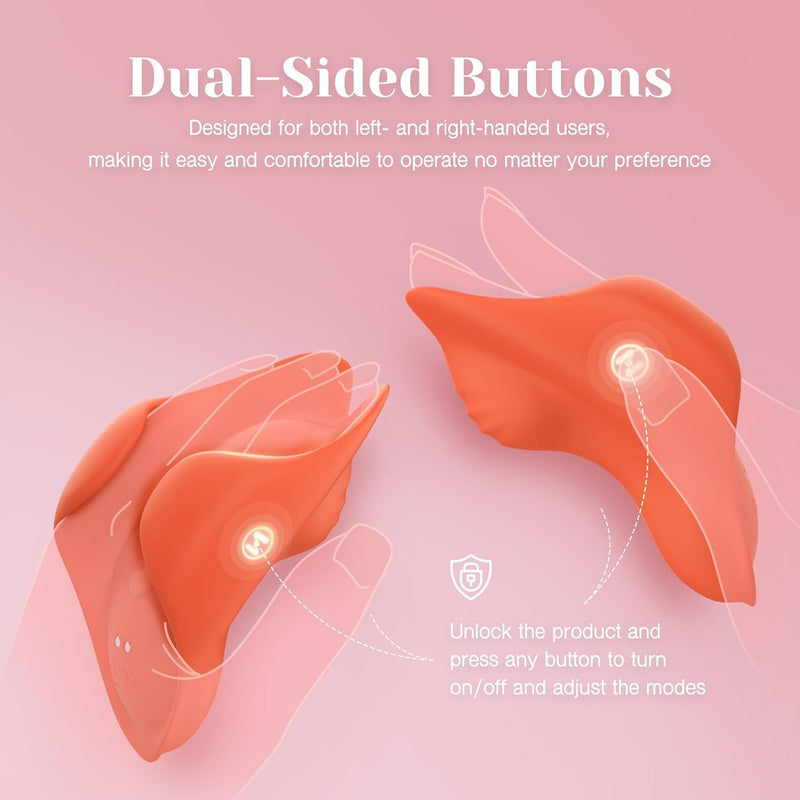 Two orange Pockety palm vibrators, showing ergonomic design and glowing dual-sided buttons for easy control.