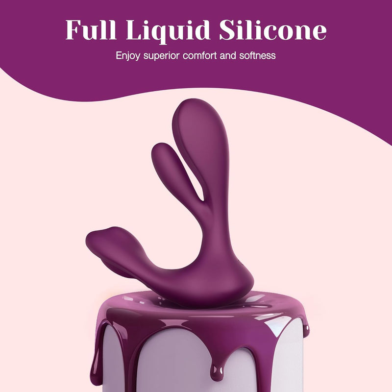 Deep purple, M-shaped Swirlii vibrator made of full liquid silicone, resting on a white base with purple drips.