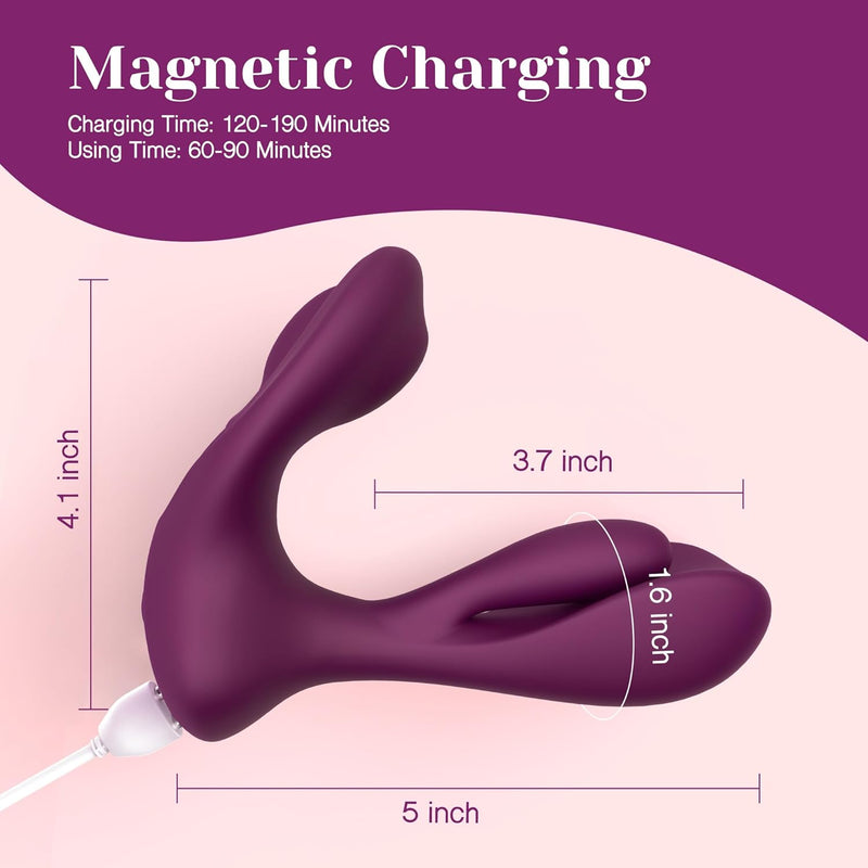 Purple M-shaped silicone vibrator with magnetic charging, showing 5-inch length and 4.1-inch height.