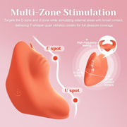 Orange silicone Pockety palm vibrator with S-curve design and heart-wing tip for multi-zone stimulation.