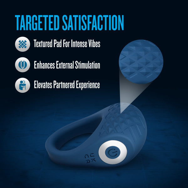 Sleek blue silicone vibrating couples' ring with a textured C-stim pad and power button, highlighting targeted satisfaction.