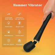 Black silicone wand vibrator with gold accents, flexible neck, and control buttons, held by a hand.