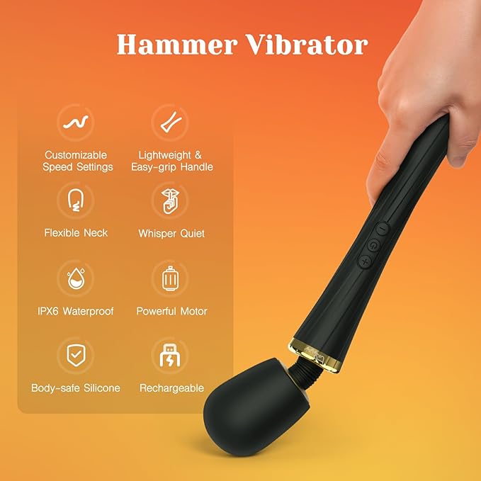 Black silicone wand vibrator with gold accents, flexible neck, and control buttons, held by a hand.