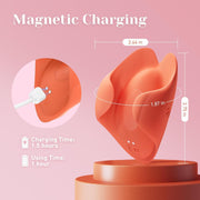 Orange Tracy's Dog Pockety palm vibrator with magnetic charging and dimensions shown.