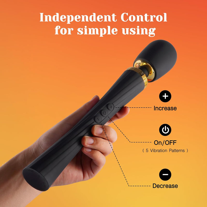 Black silicone wand massager with gold accents, ergonomic handle, and control buttons.