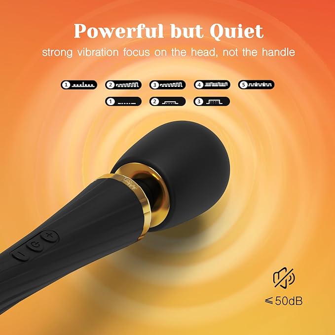 Black ergonomic wand vibrator with gold accents, showing 5 patterns and 3 intensity levels.