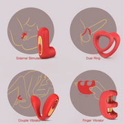 Red silicone Tracy's Dog Love Kit with four vibrator attachments and usage diagrams.