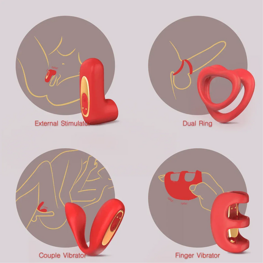 Red silicone Tracy's Dog Love Kit with four vibrator attachments and usage diagrams.