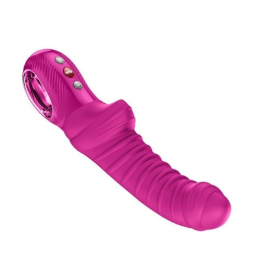 Fun Factory Tiger G-Spot vibrator in vibrant pink silicone with textured ridges, curved tip, and control buttons.