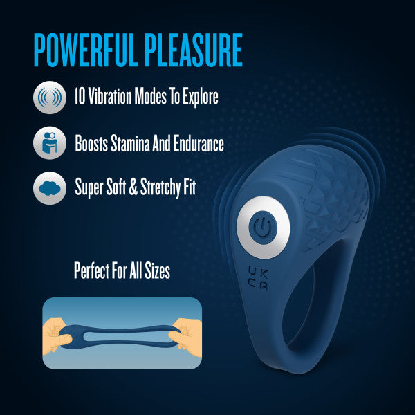 Blue silicone vibrating couples' ring with textured C-stim pad and power button, shown stretching.