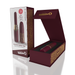 The My Secret Screaming O Premium Lipstick Vibrator, in maroon and gold, is shown in its open gift box with both the product and packaging visible, highlighting its luxurious design and product details.