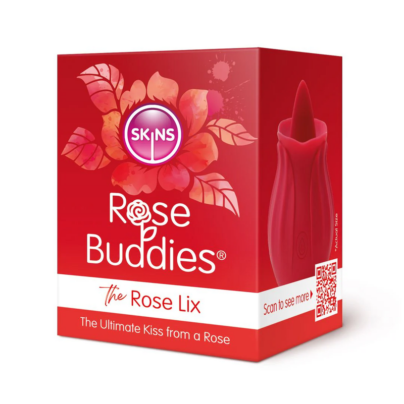 Red Rose Lix FlutteringTongue vibrator in a rose-shaped silicone casing, displayed on its vibrant red product box.