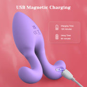 Purple silicone Dorace anal vibrator with tapered tip, flared base, and magnetic USB charging.