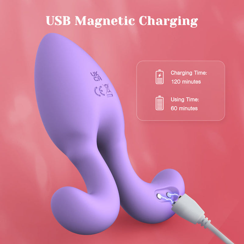 Purple silicone Dorace anal vibrator with tapered tip, flared base, and magnetic USB charging.