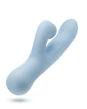 Blue modern silicone Devin Clit Thumping G-Spot Rabbit with Shaft Rotation on a white background, designed with curves for ergonomic handling and G-spot sensations.