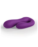 A purple, double-ended silicone toy with dual independently controlled motors isolated on a white background. The Jimmyjane Reflexx Rabbit 1 G-Spot & Clit Hugging Warming Vibrator from Pipedream Products features a smooth surface and an ergonomic, curved design with no visible texture.