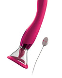 A pink, modern handheld beauty device with a transparent tip, featuring a white cable with a button on the end for clitoral stimulation, isolated on a white background created by Pipedream Products.