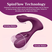 Purple M-shaped silicone vibrator with SpinFlow Technology, showing circular and grinding motions.