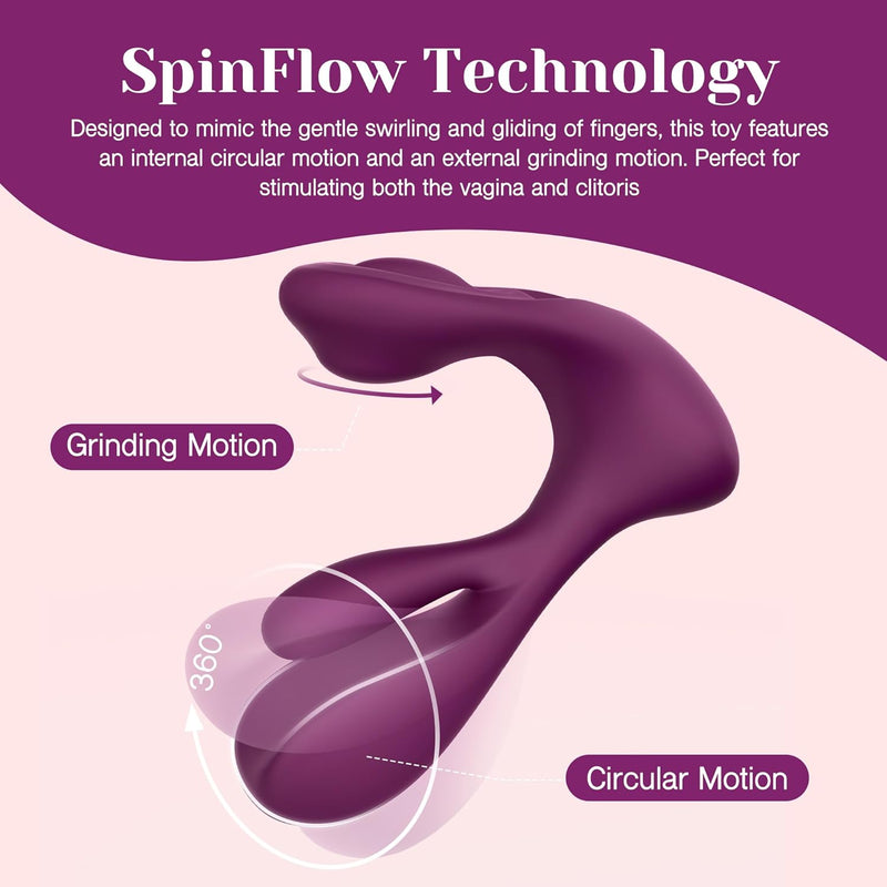 Purple M-shaped silicone vibrator with SpinFlow Technology, showing circular and grinding motions.