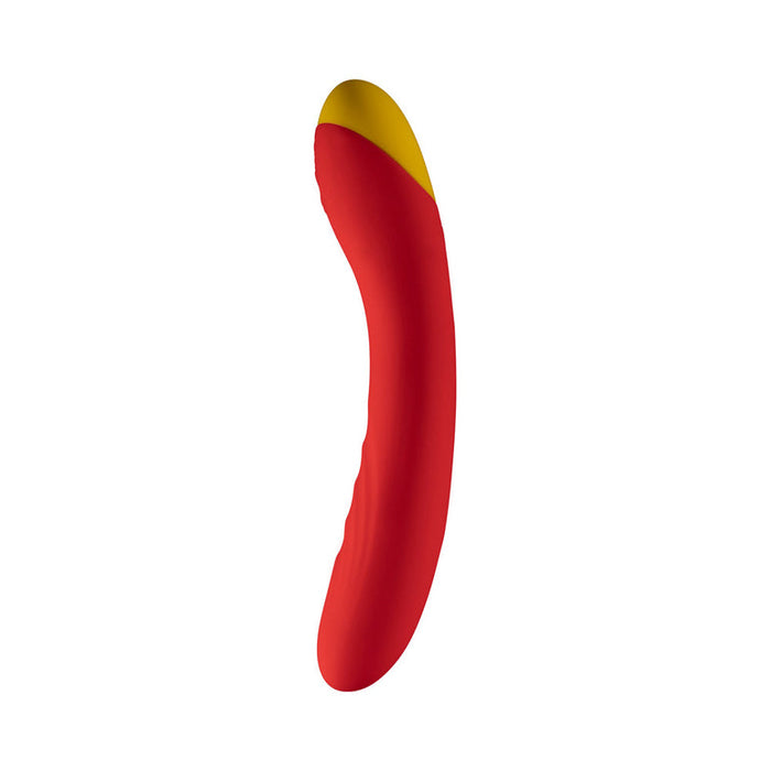 The Romp Hype Rechargeable Silicone G-Spot Vibrator features a red and yellow curved design with a smooth surface, perfect for targeted G-spot exploration. Modern and personal, it's shown isolated on a white background.