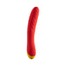 The Romp Hype Rechargeable Silicone G-Spot Vibrator is a red, curved toy with a textured surface and yellow base, crafted for g-spot exploration and shown against a plain white background.
