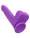 A silky silicone, purple vibrating dildo shaped like a phallus, featuring texture details and a suction cup base. The toy has a control button for intense action and safety markings on its surface. Introducing the Silicone Stud Gyrating & Thrusting 9.5 Inch Purple Dildo by CalExotics.