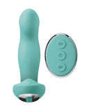 A teal colored Pipedream Products Jimmyjane Pulsus Hands-Free G-Spot Fingering Vibrator with Remote, isolated on a white background.