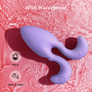 Purple, body-safe silicone Dorace anal vibrator with remote control, tapered tip, and flared base, in water.