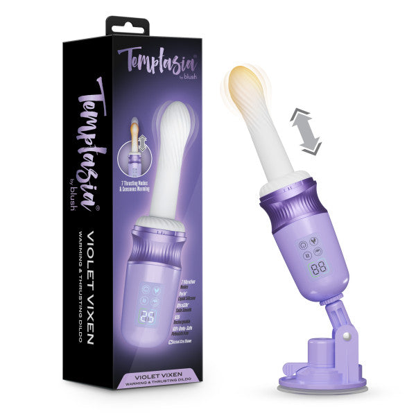Violet Vixen purple warming thrusting vibrator with white tip, digital display, and suction mount.