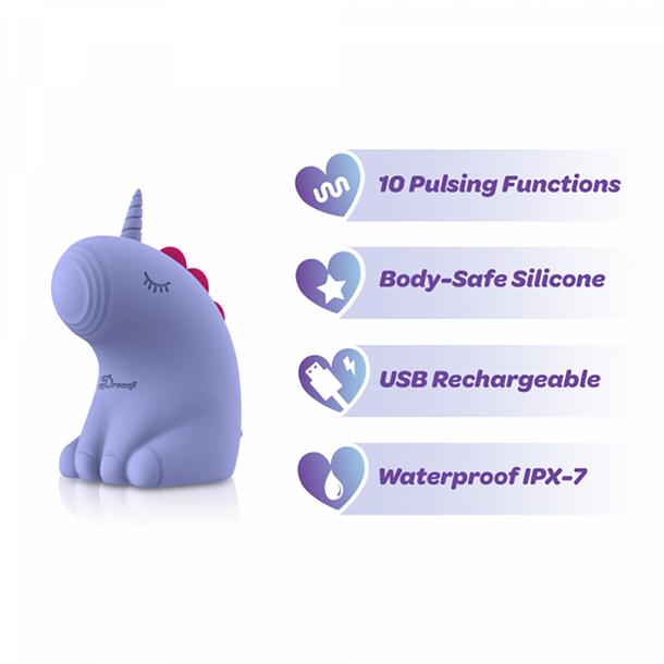 Dreamy Pulse – The Magical Unicorn Pulse Vibrator is a cute, purple unicorn with closed eyes and a small horn, offering 10 rhythmic modes, body-safe silicone, USB rechargeability, and waterproof IPX-7 design.