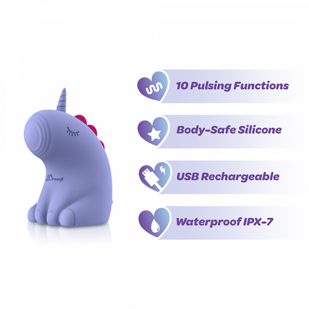Dreamy Pulse – The Magical Unicorn Pulse Vibrator is a cute, purple unicorn with closed eyes and a small horn, offering 10 rhythmic modes, body-safe silicone, USB rechargeability, and waterproof IPX-7 design.