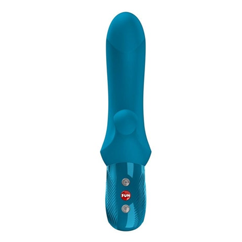 Teal silicone Bi Stronic Curve G-spot rabbit vibrator with thrusting motion and external stimulator.