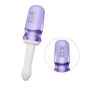 Violet Vixen warming thrusting vibrator, purple liquid silicone with white UltraSilk shaft and digital display.