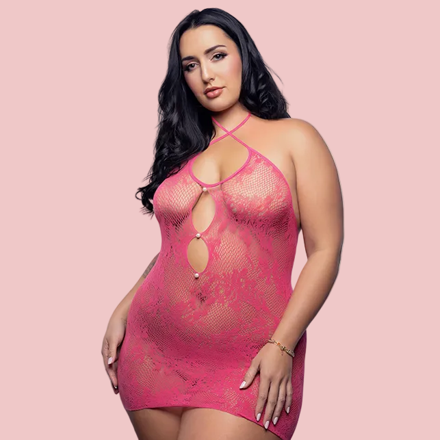 Call Me Baby Plus Size Hot Pink Pearl Cut-Out Lace Knit Mini Dress