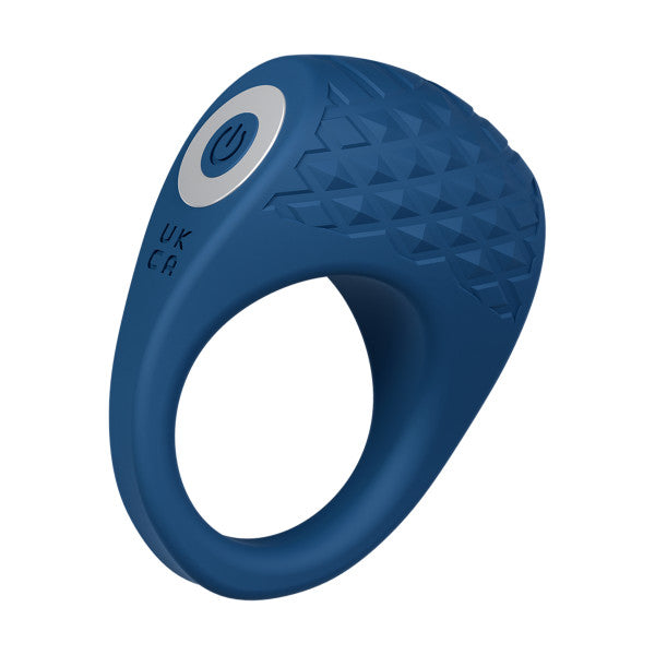 Sleek blue silicone Flex Pro vibrating couples' ring with textured C-stim pad and silver power button.