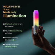 Hand holding a white bullet vibrator glowing with a rainbow LED light display and control buttons.