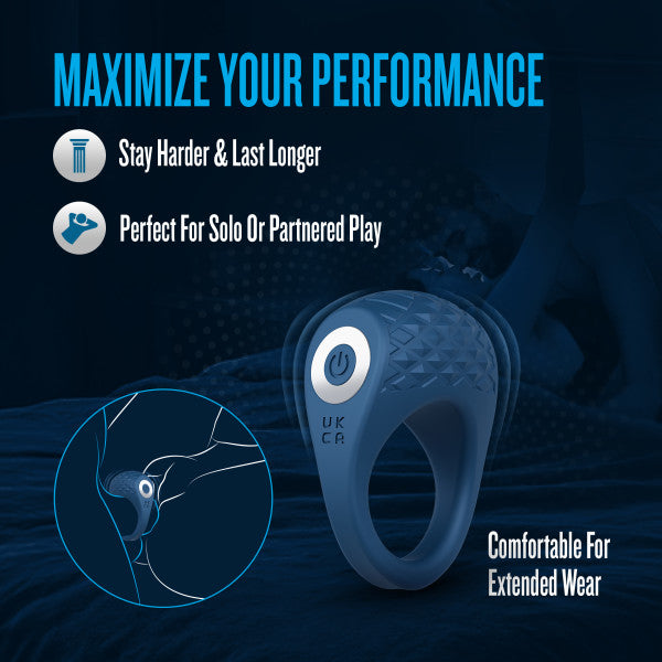 Sleek blue silicone vibrating couples' ring with textured C-stim pad and power button, designed for performance.
