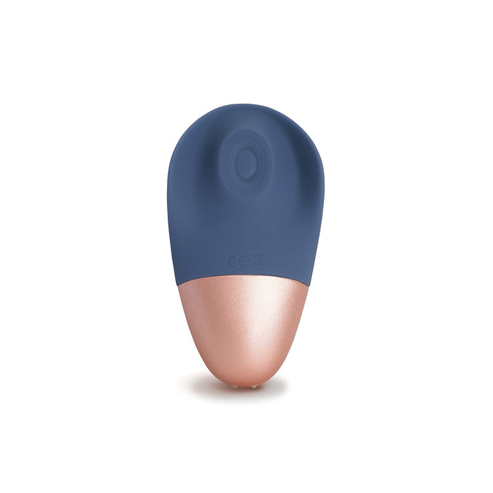 The Arouser Pulsating External Stimulator, featuring a small oval shape, blue body-safe silicone top, and metallic rose gold bottom with a circular indentation, is displayed on a white background.