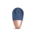 The Arouser Pulsating External Stimulator, featuring a small oval shape, blue body-safe silicone top, and metallic rose gold bottom with a circular indentation, is displayed on a white background.
