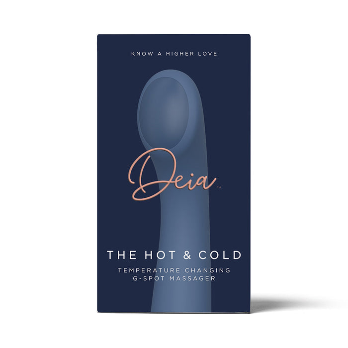 A product box for the Hot & Cold Temperature-Changing G-Spot Massager showcases a sleek blue vibrating silicone device with text reading "Know a Higher Love," "Deia," and "Temperature Changing G-Spot Massager.